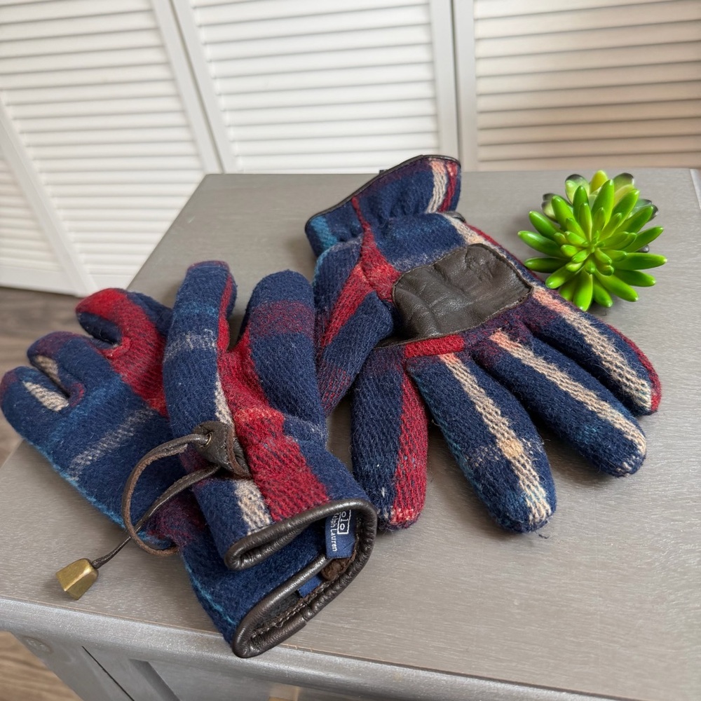 Vintage Polo Ralph Lauren Plaid Winter Gloves Leather Tassel